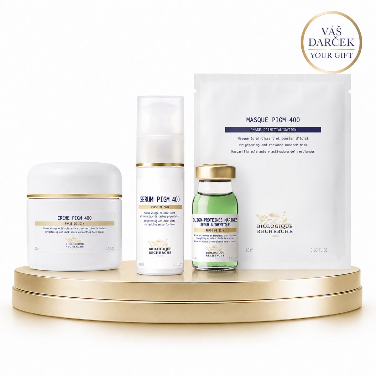 PROMO SADA PIGM400 - KREM PIGM 400 50ml A  SERUM PIGM400 30ml + 2 darčeky pre vás Serum Oligo Proteines Marines 8ml a PIGM 400 rozjasňujúca maska – Biologique Recherche Bratislava SlovensKO